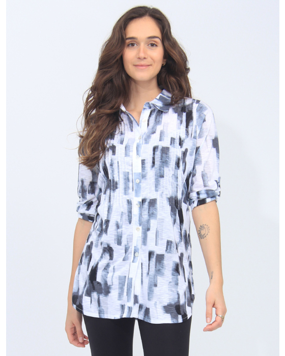 Black And White Long Button-Front Printed Blouse By Tango Mango