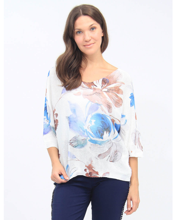 Floral V-Neck Knit Three-Quarter Dolman Sleeves Top By Froccella