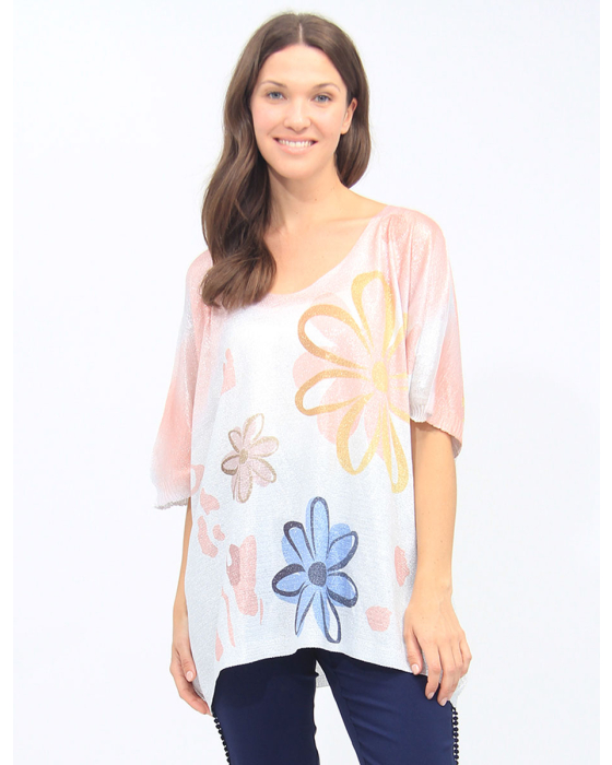 Shimmery Loose Fit Floral Top With Short Sleeve And Low Cut Collar by Froccella