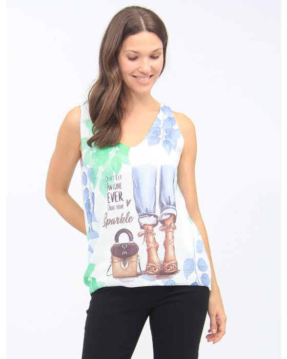 Woman And Text Print Sleeveless V-neck Knit Top By Froccella