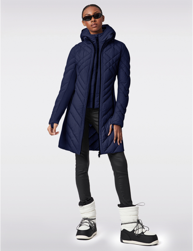 Packable Vegan Quilted Hooded Puffer Jacket with Side Knit Panels by Bernardo