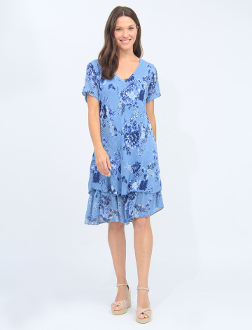 2-Tier Crinkled Floral Short Sleeve V-neck Dress By Froccella