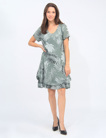 2-Tiered Palm Tree Leaf Pattern Short Sleeves Dress By Froccella