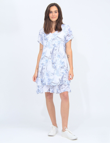 White 2-Tiered Palm Tree Leaf Pattern Short Sleeves Dress By Froccella