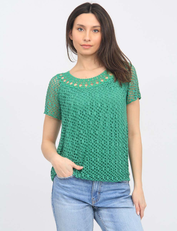 Top Manches Courtes À Col Rond en Tricot Crocheté Par Froccella (032-925024 2380310 TAILLE UNIQUE VERT)