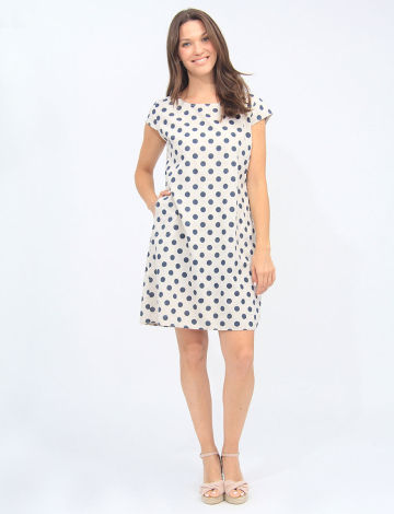 Polka Dot Linen-Cotton Cap Sleeve Knit Trim Dress By Froccella