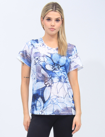 Short Sleeve Floral Top With Scallop Trim By Moffi