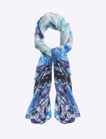 Abstract Print Blue Chic Oblong Scarf With Satin Finish By Janie Basner