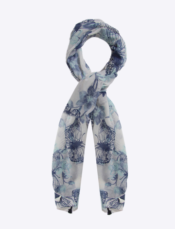 Sheer Butterfly Print Blue Oblong Scarf With Tassel Trim By Janie Basner