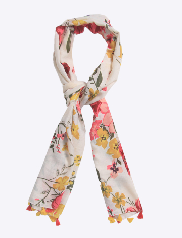 Funky Floral Print Pink Oblong Scarf With Tassel Trim By Janie Basner