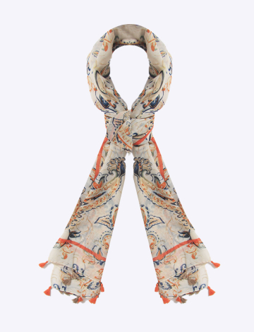 Lightweight Paisley Print Oblong Scarf With Tassel Trim By Janie Basner