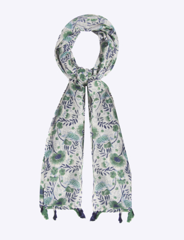 Lightweight Floral Print Green Oblong Scarf With Tassel Trim By Janie Basner
