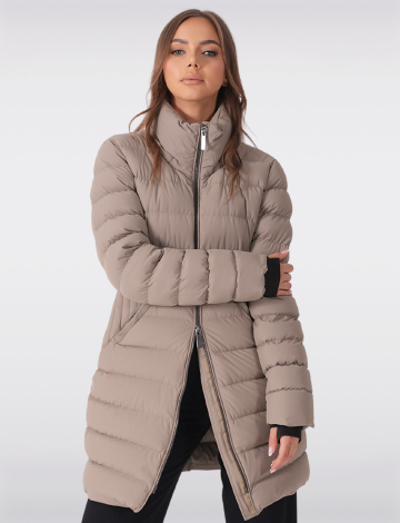 Dual Quilted Fitted Long Down Zip Front Detachable Hood Puffer Jacket by Sicily