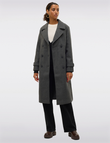 Vegan Double-Breasted Back Slit Removable Belt Trench Coat by Vero Moda