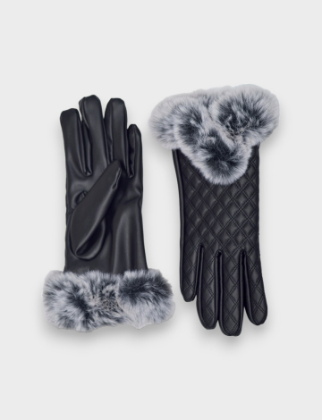 Quilted genuine leather gloves with black and white faux fur trim by saki