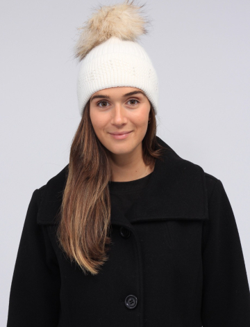 Knit Beanie with detachable Genuine Fur Pom Pom by Saki