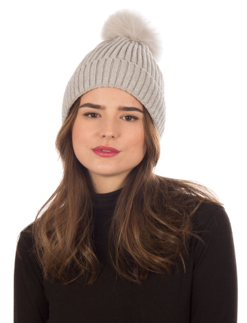 Chenille hat with removable genuine fur pom-pom by Sokos