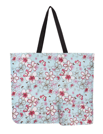 Reusable Foldable Floral Print Black Tote - Lightweight Recycled Shopping Bag