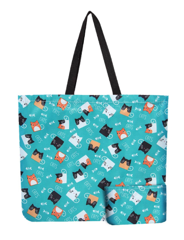 Reusable Foldable Cat Print Tote - Lightweight Recycled Shopping Bag (208-RB888Q 1489920 One Size BLUE)