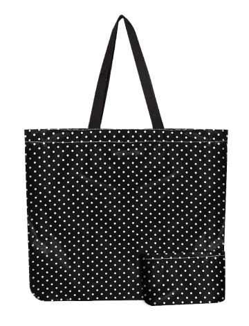 Reusable Foldable Black Dotted Print Tote - Lightweight Recycled Shopping Bag