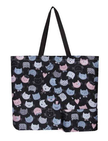 Reusable Foldable Cat Print Black Tote - Lightweight Recycled Shopping Bag
