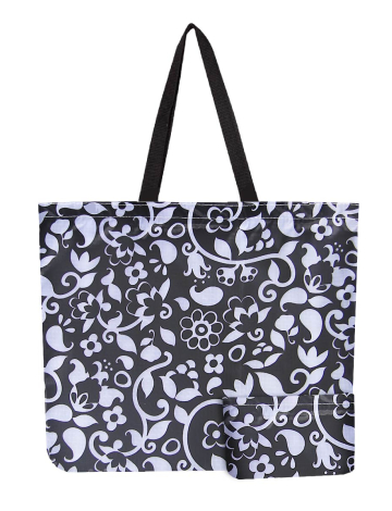 Reusable Foldable Black Leaf Print Tote - Lightweight Recycled Shopping Bag