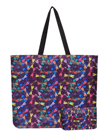 Reusable Foldable Dragonfly Print Tote - Lightweight Recycled Shopping Bag