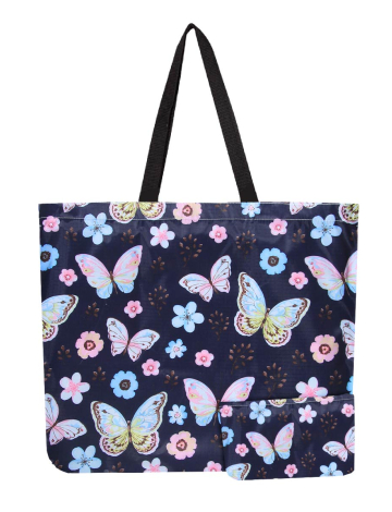 Reusable Foldable Butterfly Print BlackTote - Lightweight Recycled Shopping Bag