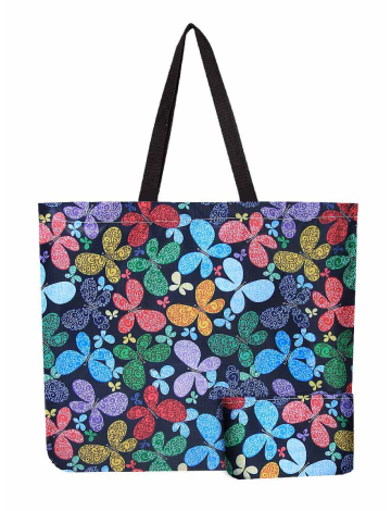 Reusable Foldable Butterfly Print Blue Tote - Lightweight Recycled Shopping Bag