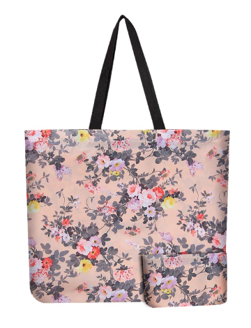 Reusable Foldable Floral Print Beige Tote - Lightweight Recycled Shopping Bag