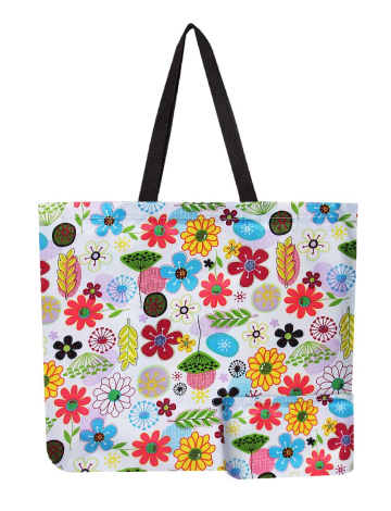 Reusable Foldable Floral Print White Tote - Lightweight Recycled Shopping Bag