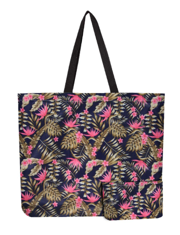 Reusable Foldable Floral Print Black Tote - Lightweight Recycled Shopping Bag