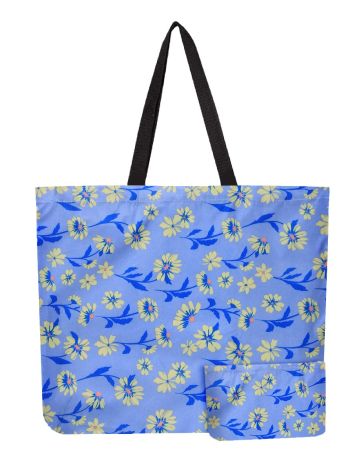 Reusable Foldable Floral Print Blue Tote - Lightweight Recycled Shopping Bag