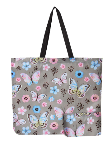 Reusable Foldable Butterfly Print Beige Tote - Lightweight Recycled Shopping Bag