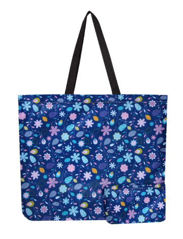Reusable Foldable Blue Floral Print Tote - Lightweight Recycled Shopping Bag