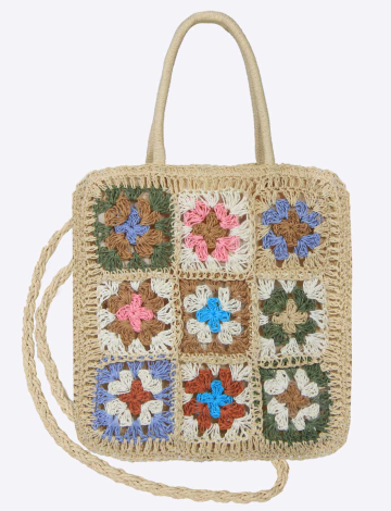 Multicolor Granny Square Crochet Straw Lined Zipped Shoulder Strap Bag