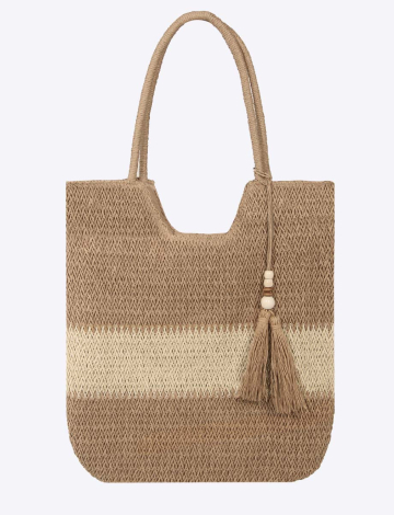 Two-Tone Taupe Woven Straw tassel zipped lined inside pocket Tote Bag