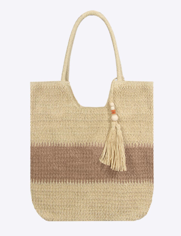 Two-Tone Woven Straw tassel zipped lined inside pocket Tote Bag