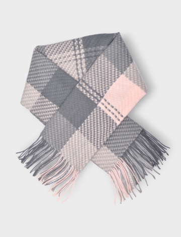 Fringed Bicolore Woven Pattern Plaid Oblong Scarf by Saki