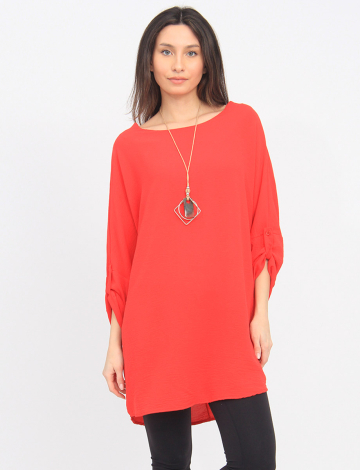 Tunique Longue Et Fluide À Col Rond  Avec Collier Chic Par Froccella (478-M23533 2383810 TAILLE UNIQUE ROUGE)