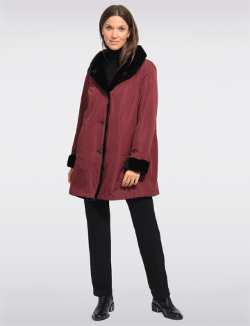 Vegan Reversible Faux Fur Button-down Jacket by Saki (516-4106N23 2396830 SMALL BURGUNDY)