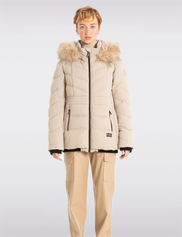 Vegan Eco Down Puffer Jacket with Faux Fur Hood by Point Zero (274-8368589 2403030 SMALL BEIGE)