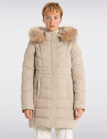 Vegan Long Puffer Jacket with Faux Fur Trim Removable Hood by Point Zero (274-8368507 2405730 SMALL BEIGE)