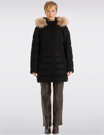 Vegan Long Puffer Jacket with Faux Fur Trim Removable Hood by Point Zero (274-8368507 2406030 SMALL BLACK)