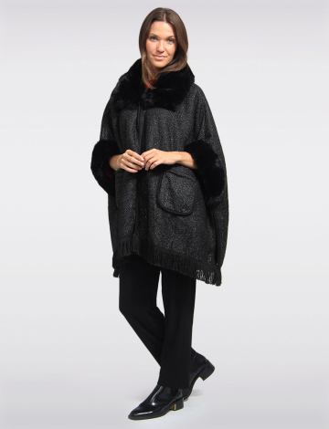 Luxurious Faux Fur-Trimmed Knit Cape with Pockets by Beta's Choice