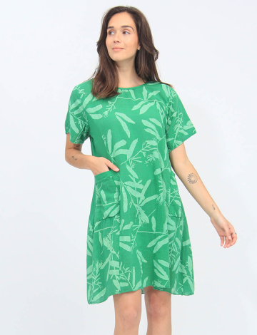 Robe Tropicale À Taille Tricotée, Manches Courtes Et Poches Par Froccella (047-6823P 2495310 TAILLE UNIQUE VERT)