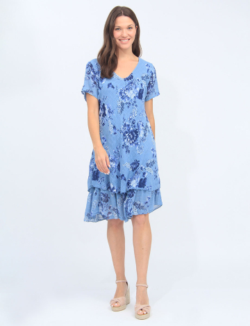 Robe Col en V Manches Courtes À Deux Niveaux Avec Imprimé Floral Par Froccella (032-1796A24 2511910 TAILLE UNIQUE DENIM)