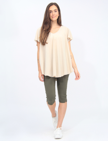 Blouse À Manches Courtes Évasées Col En V Et Plis Au Dos Par Froccella (463-2866 2514810 TAILLE UNIQUE BEIGE)