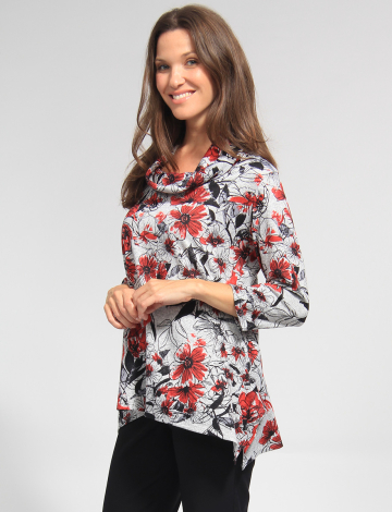 Three-quarter Sleeve Soft Floral Pattern Cowl Neckline Tunic by Vamp (428-8218J 2564530 SMALL RED)