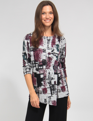 Three-quarter Sleeve Contemporary Asymmetrical Abstract Print Knit Top by Vamp (428-8840C 2564630 SMALL GREY)